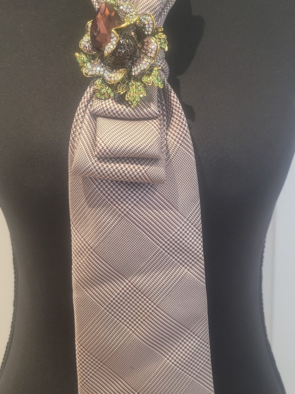 Club Room Brown Plaid Necktie with Floral Jewel Brooch
